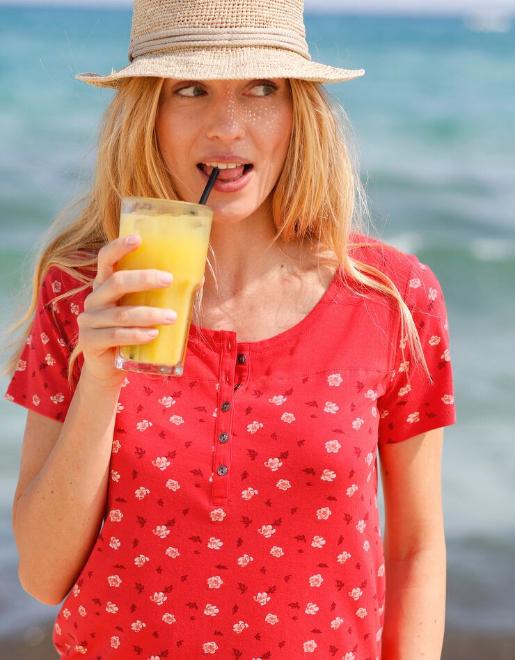 Tee-shirt tunisien imprimé fleurs manches courtes (rouge) Tee-shirt tunisien imprimé fleurs manches courtes (rouge)