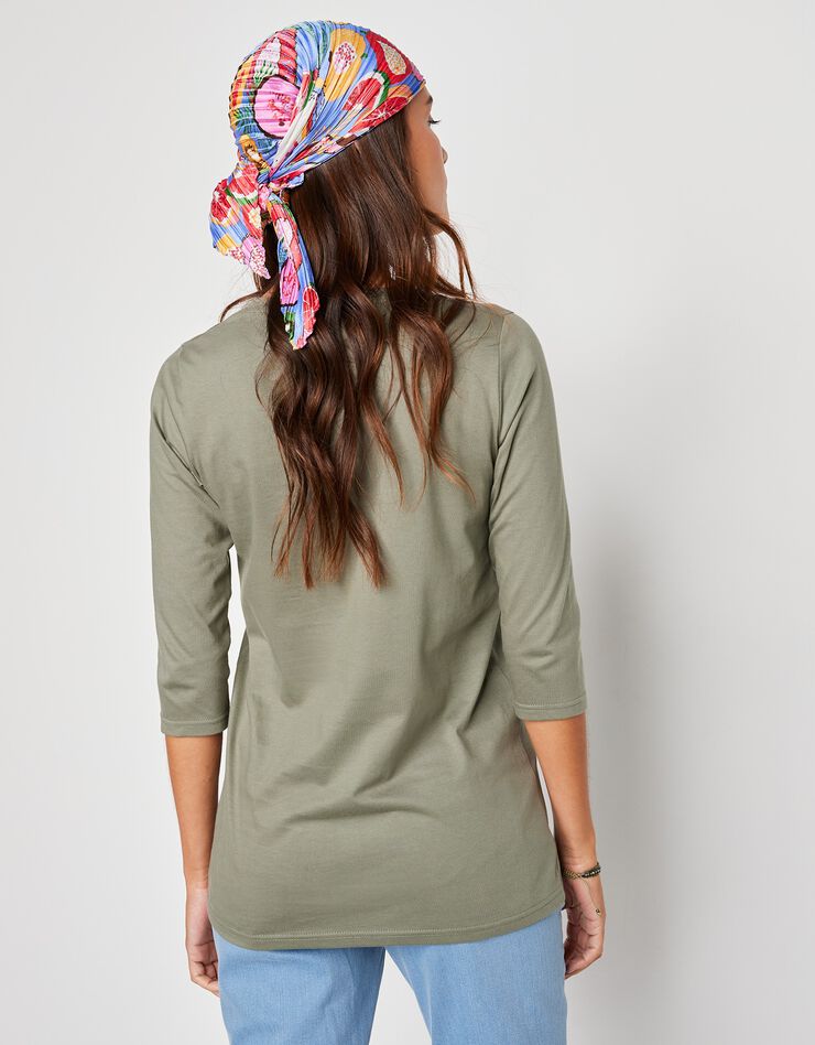 Tee-shirt manches 3/4 col rond uni coton (kaki clair) Tee-shirt manches 3/4 col rond uni coton (kaki clair)