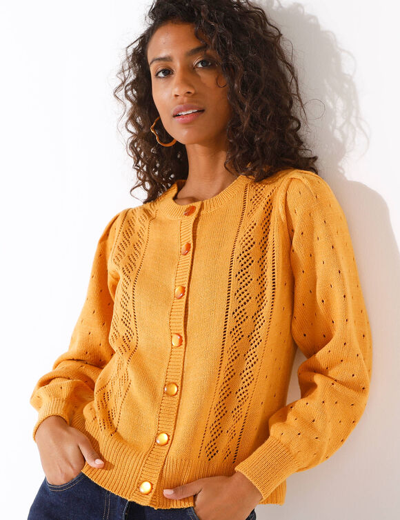 Cardigan boutonné, maille ajourée (safran)