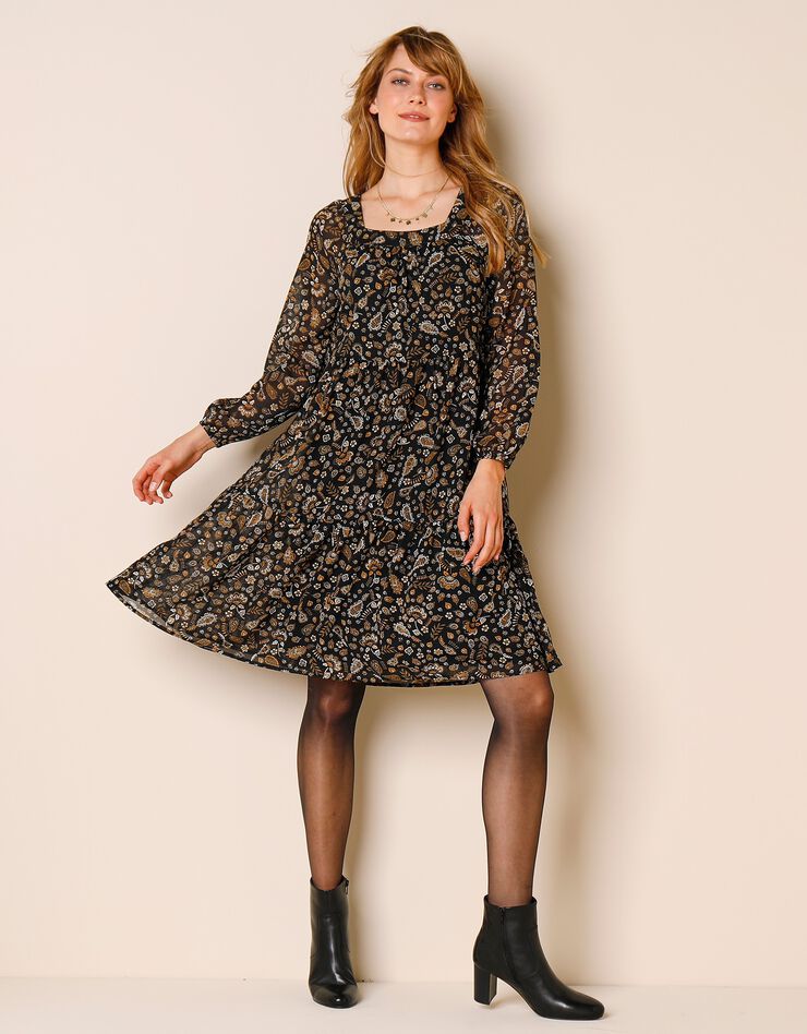Robe évasée imprimée col carré (noir / doré)