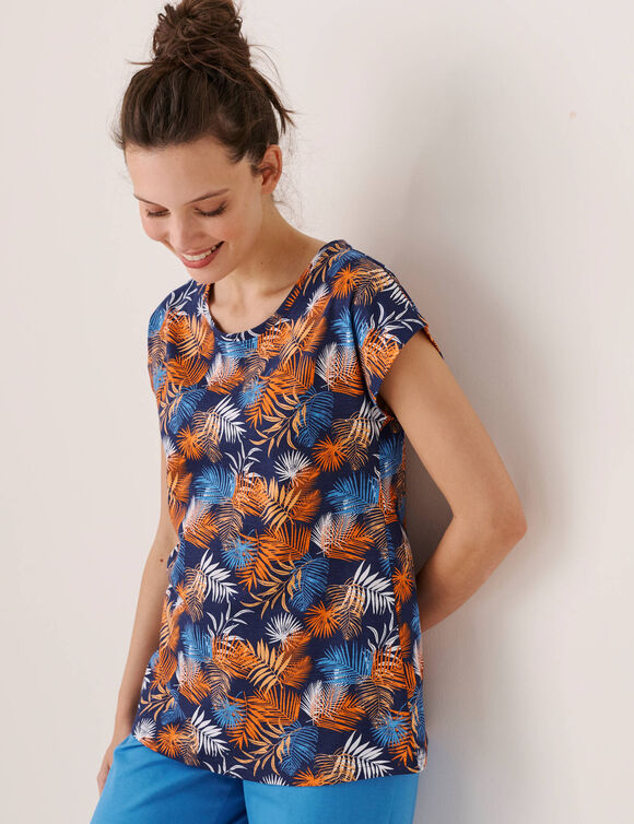 T-shirt de pyjama en coton manches courtes - imprim&eacute; tropical (marine / orange)