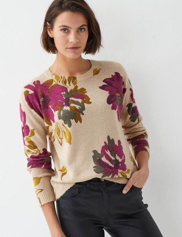 Pull imprim&eacute; fleurs (beige / prune)