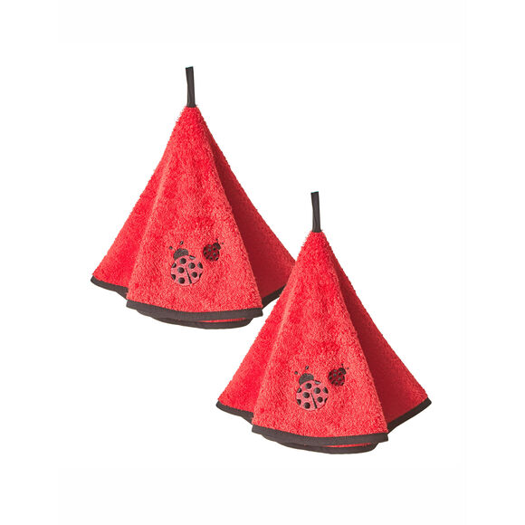 Torchons ronds &eacute;ponge brod&eacute;e coccinelle - lot de 2 (rouge)