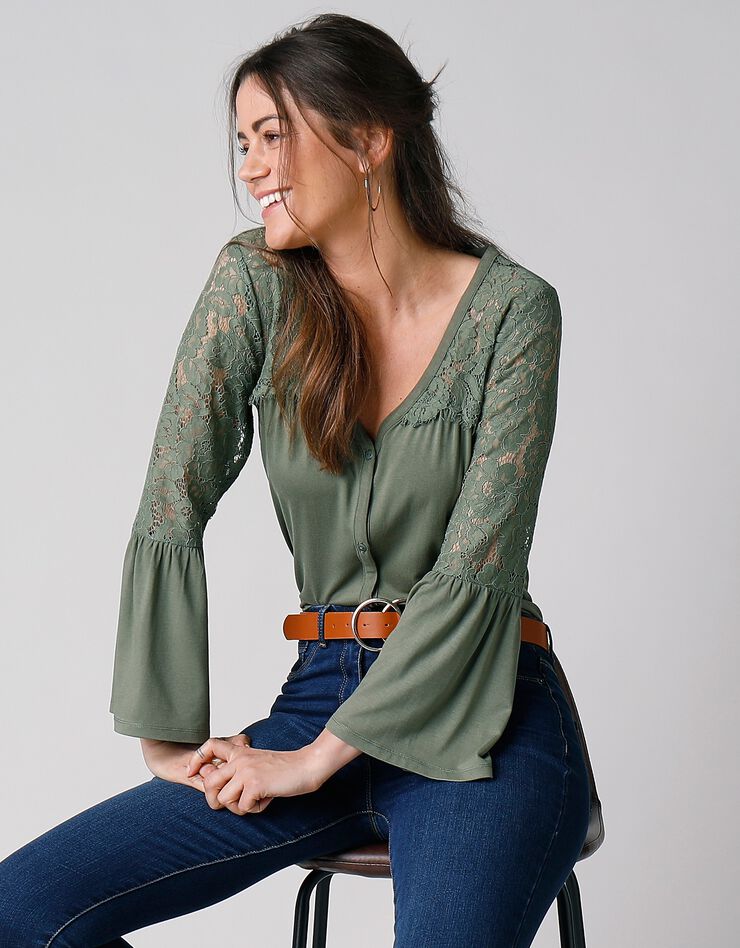 Tee-shirt boutonné manches 3/4 dentelle (bronze) Tee-shirt boutonné manches 3/4 dentelle (bronze)
