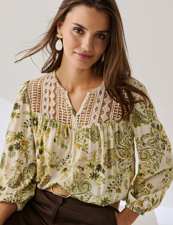 Chemisier macram&eacute; imprim&eacute; (&eacute;cru / kaki)