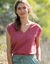T-shirt col V uni, mélange coton-lin (bois de rose)