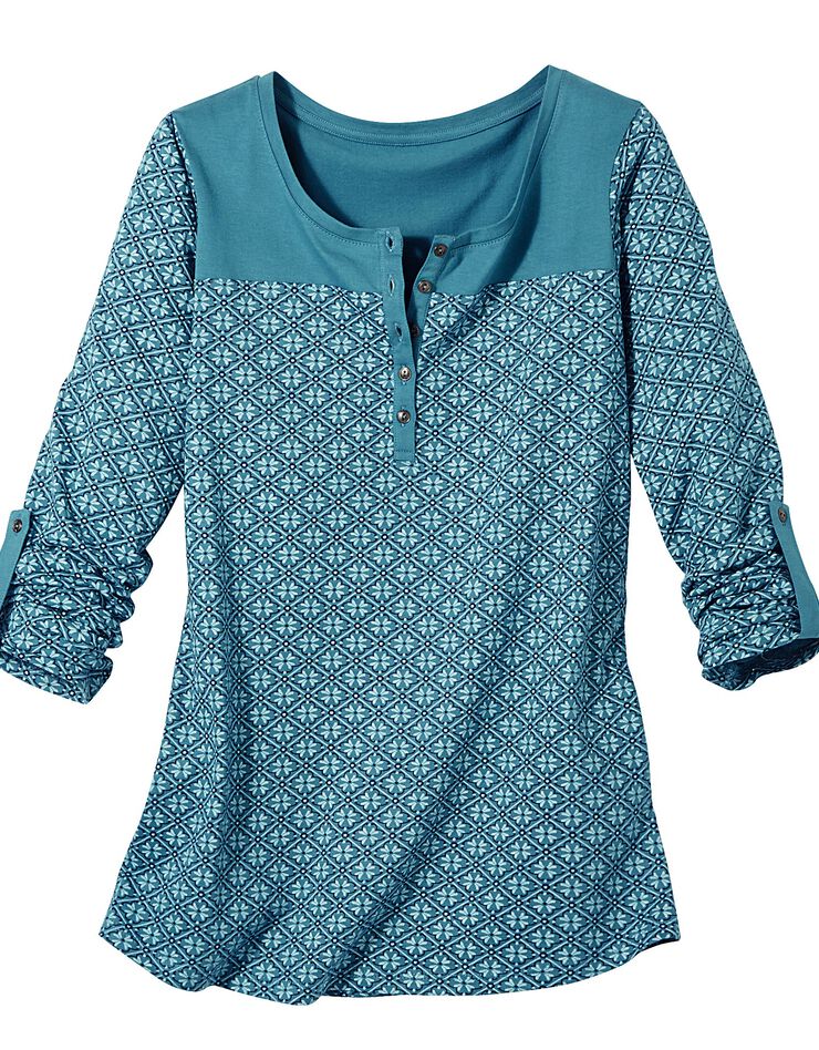 Tee-shirt col tunisien imprimé graphique (bleu glacier) Tee-shirt col tunisien imprimé graphique (bleu glacier)