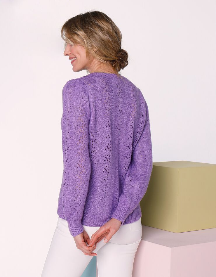 Cardigan boutonné manches blousantes, maille ajourée toucher mohair (parme)