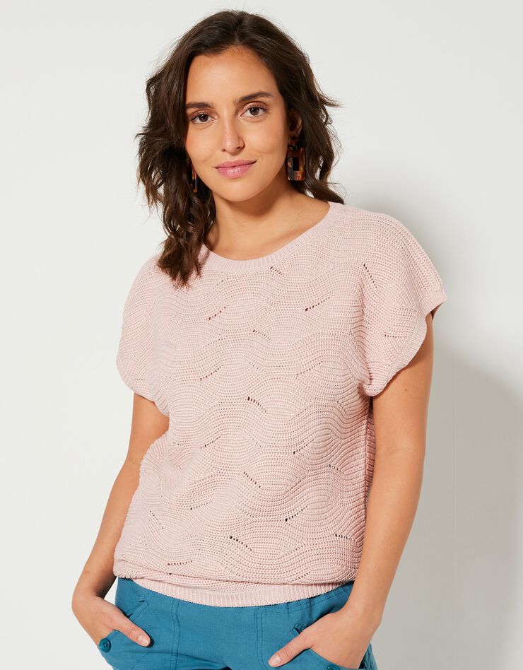 Pull manches courtes, maille fantaisie (rose poudré)