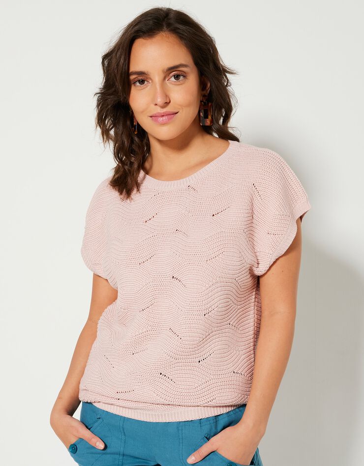 Pull manches courtes, maille fantaisie (rose poudré) Pull manches courtes, maille fantaisie (rose poudré)