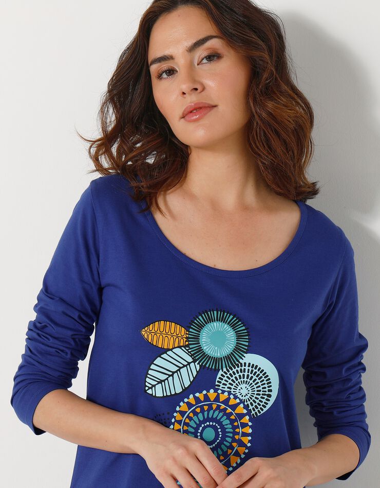 Chemise de nuit courte manches longues motif « rosace » (bleu dur)