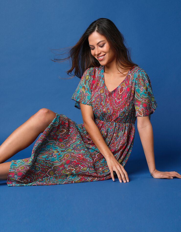 Robe longue en voile imprimé (aqua / rose)