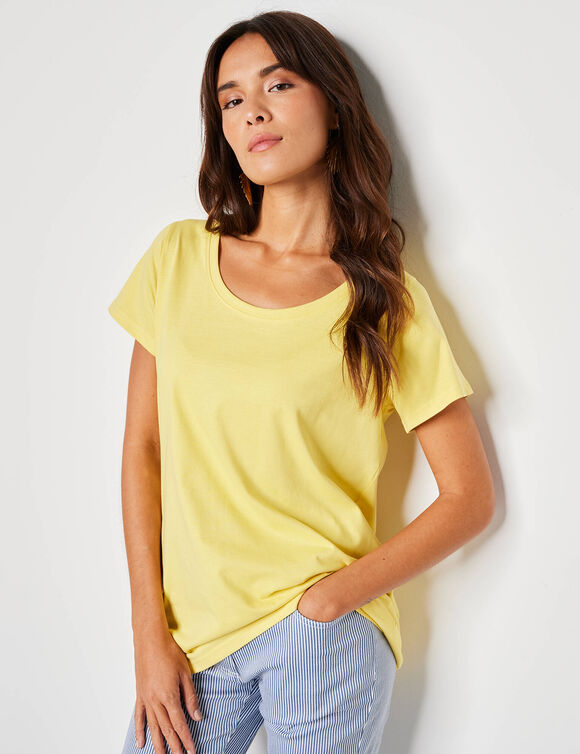 T-shirt col rond manches courtes uni coton (jaune pâle)