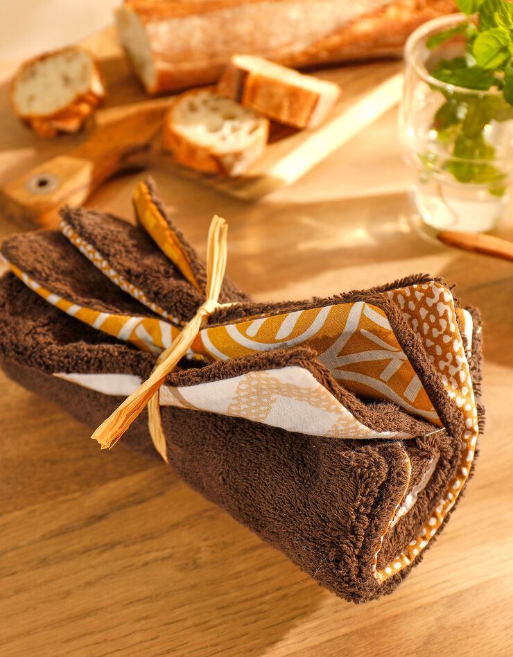 Carré essuie-tout absorbant réutilisable, lot de 4 - collection upcycling (marron/curry) Carré essuie-tout absorbant réutilisable, lot de 4 - collection upcycling (marron/curry)
