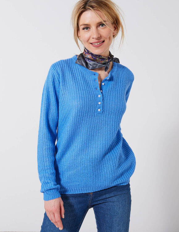 Pull col tunisien, maille anglaise toucher doux (bleu lavande)