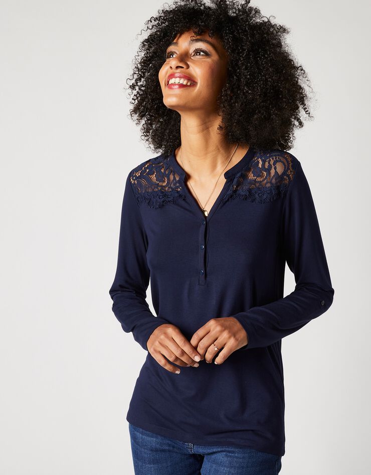 Tee-shirt col tunisien dentelle jersey (marine) Tee-shirt col tunisien dentelle jersey (marine)
