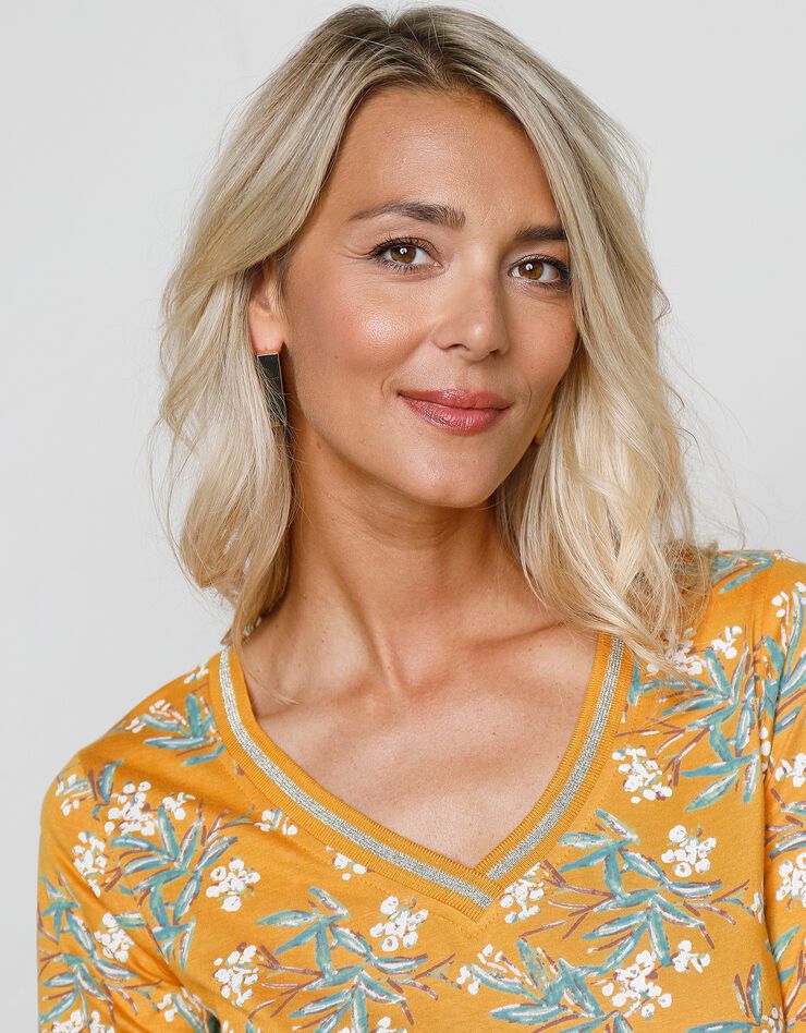 Tee-shirt manches 3/4 imprimé tropical (safran / kaki) Tee-shirt manches 3/4 imprimé tropical (safran / kaki)