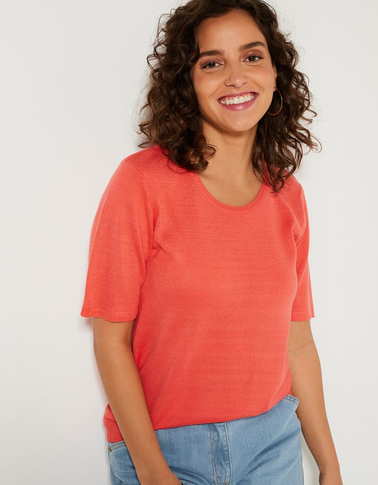 Pull uni manches courtes toucher cachemire (corail) Pull uni manches courtes toucher cachemire (corail)