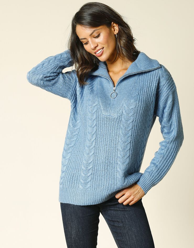 Pull camionneur zippé maille fantaisie (bleu grisé) Pull camionneur zippé maille fantaisie (bleu grisé)