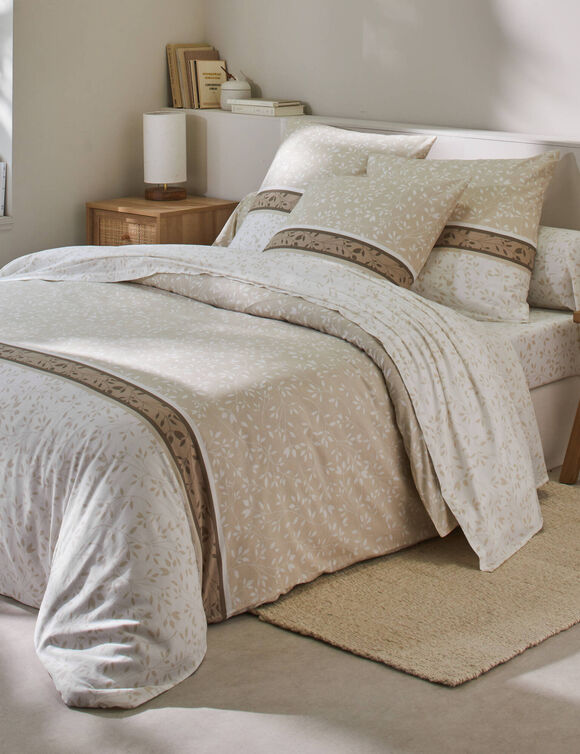 Linge de lit Constance en coton imprimé feuilles (sable)