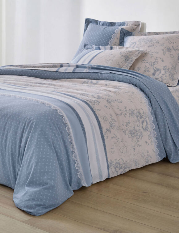Linge de lit Gabrielle imprim&eacute; pois-fleurs-dentelle - flanelle 150 g/m&sup2; (bleu gris&eacute;)