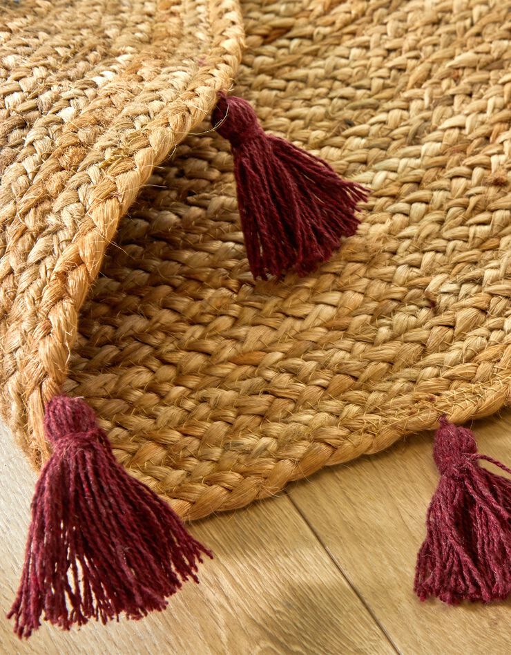 Tapis jute finition pompons - rond (bordeaux) Tapis jute finition pompons - rond (bordeaux)