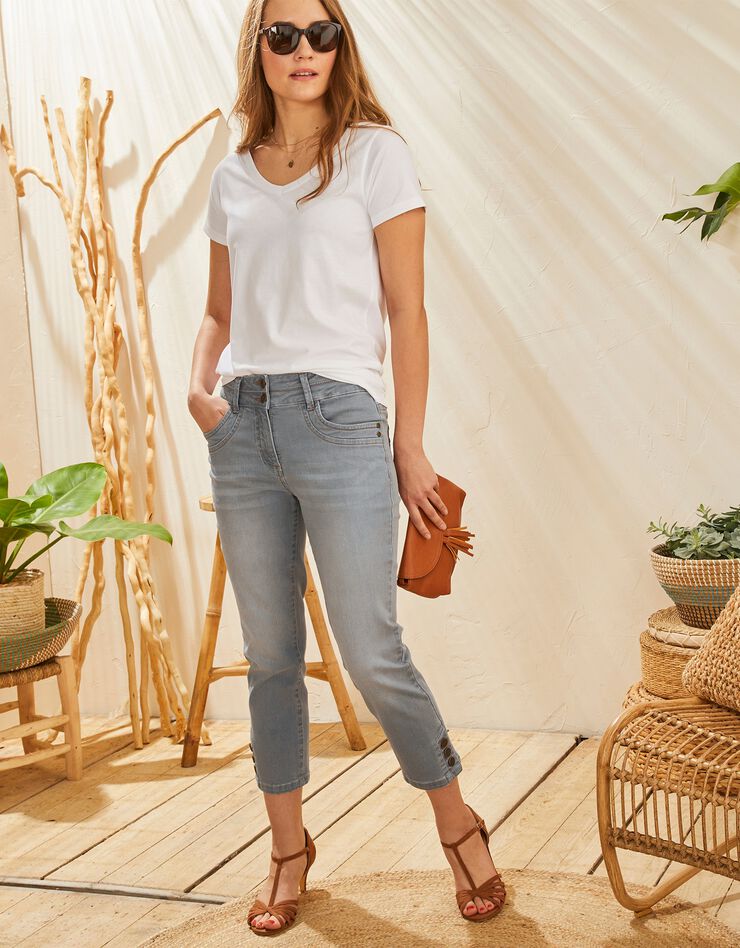 Pantacourt fuselé base boutonnée, jean stretch (gris) Pantacourt fuselé base boutonnée, jean stretch (gris)