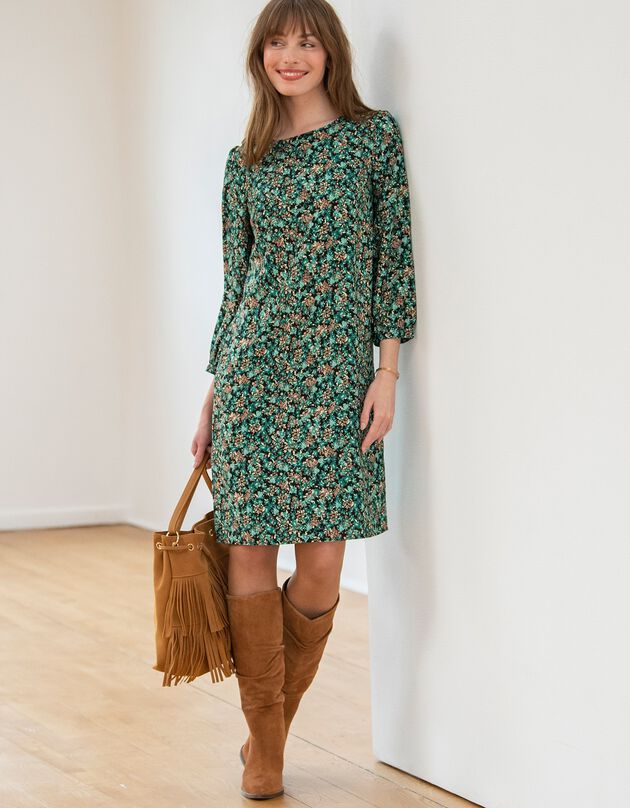 Robe droite manches 7/8ème imprimée (noir / vert)
