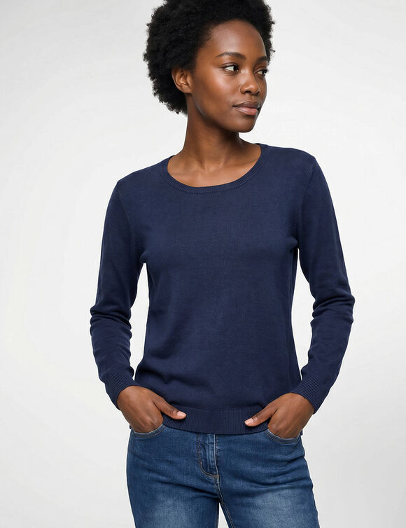 Pull col rond uni, manches longues, toucher doux (marine)