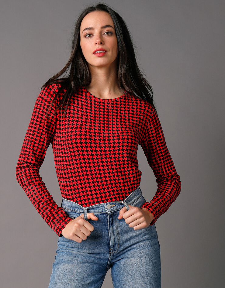 Tee-shirt col rond imprimé pied-de-poule, stretch (noir / rouge) Tee-shirt col rond imprimé pied-de-poule, stretch (noir / rouge)