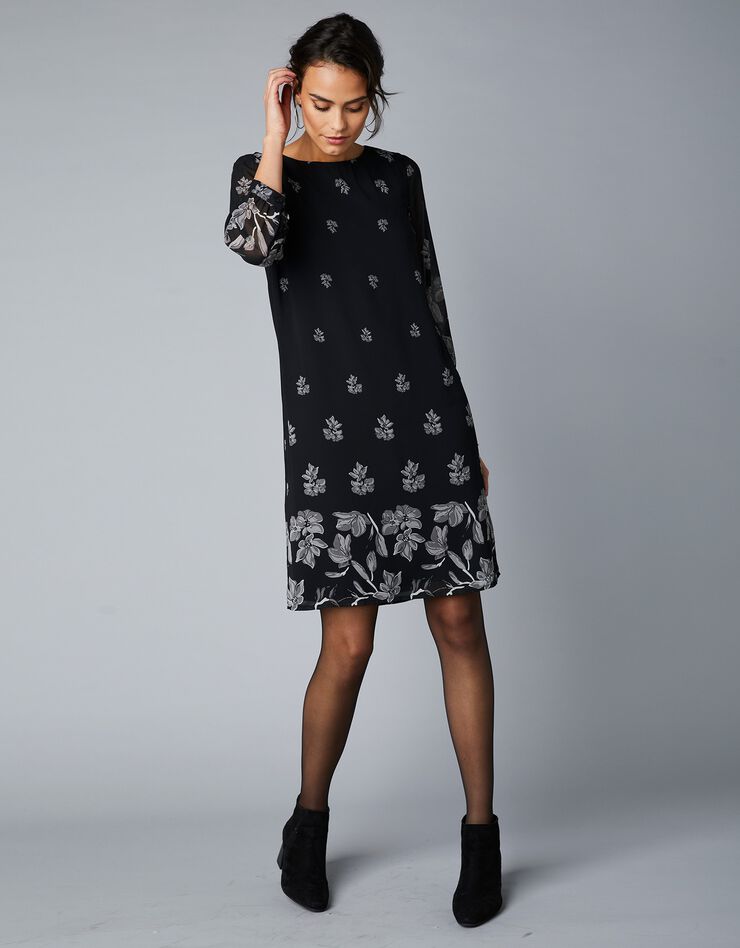 Robe en voile imprimé, manches 3/4 (noir / gris) Robe en voile imprimé, manches 3/4 (noir / gris)