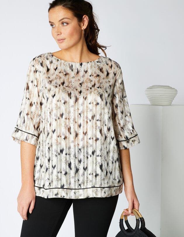 Blouse imprimée manches 3/4, voile jacquard (noir / écru) Blouse imprimée manches 3/4, voile jacquard (noir / écru)