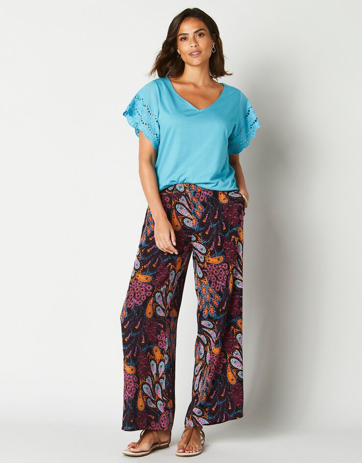 Pantalon large 7/8ème imprimé, crépon (noir / bleu) Pantalon large 7/8ème imprimé, crépon (noir / bleu)