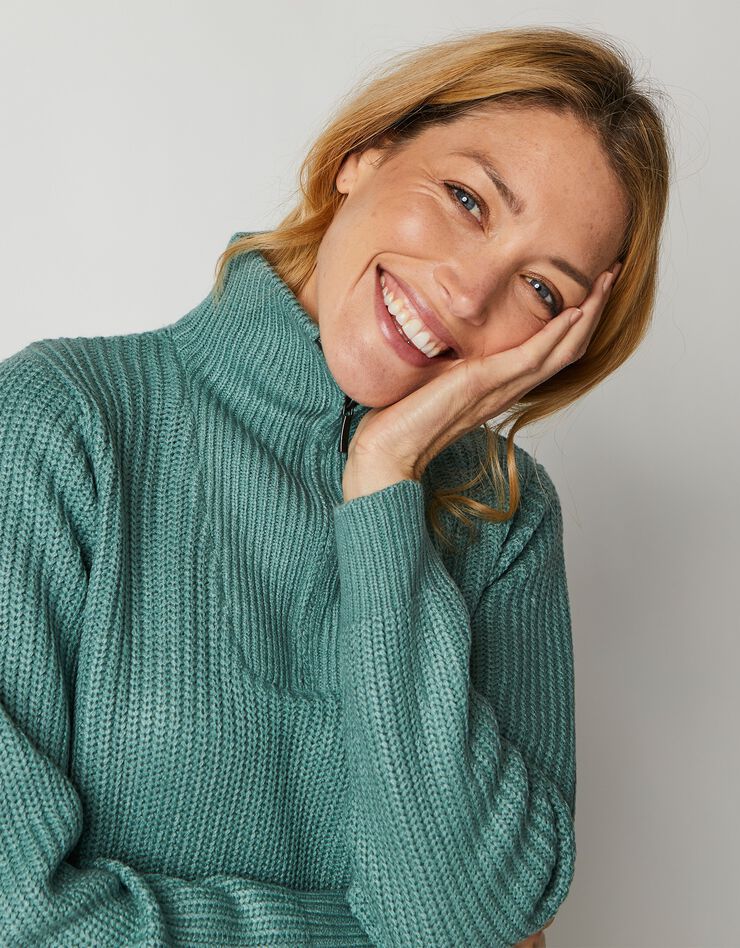 Pull col camionneur zippé maille anglasie (vert jade)