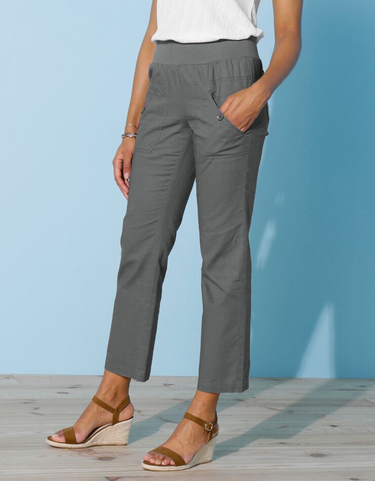 Pantalon coupe droite 7/8ème taille élastiquée, lin coton (bronze)