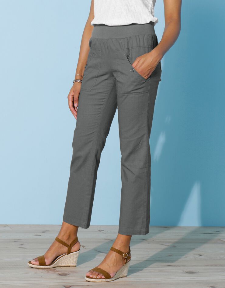 Pantalon coupe droite 7/8ème taille élastiquée, lin coton (bronze) Pantalon coupe droite 7/8ème taille élastiquée, lin coton (bronze)