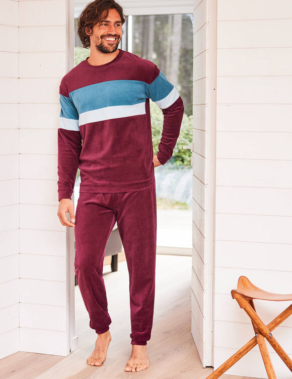 Pyjama tricolore velours manches longues (bordeaux)