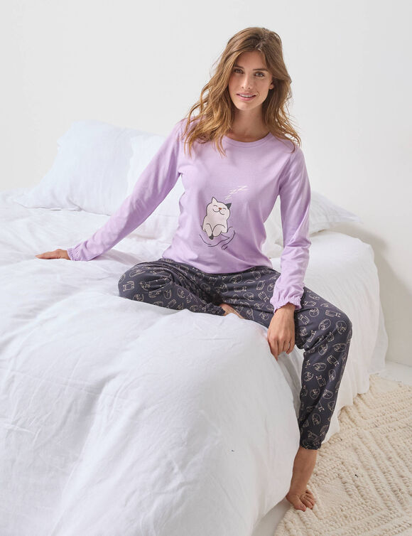 Pyjama motif "chat" manches longues volant&eacute;es  (parme / gris)