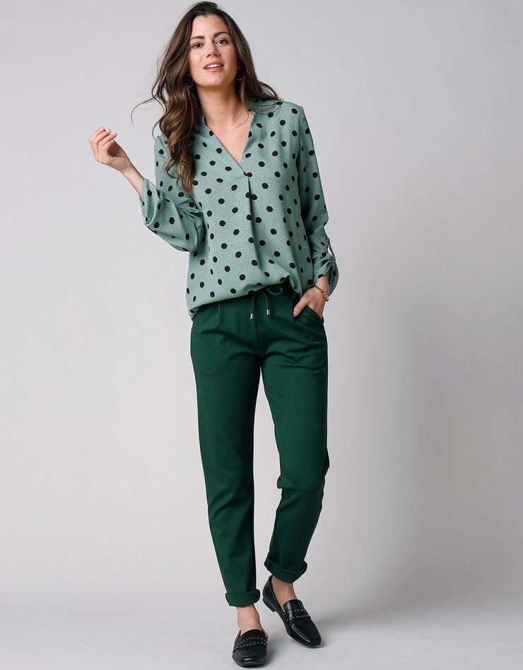 Blouse imprimé pois col tunisien, crêpe (vert / marine) Blouse imprimé pois col tunisien, crêpe (vert / marine)