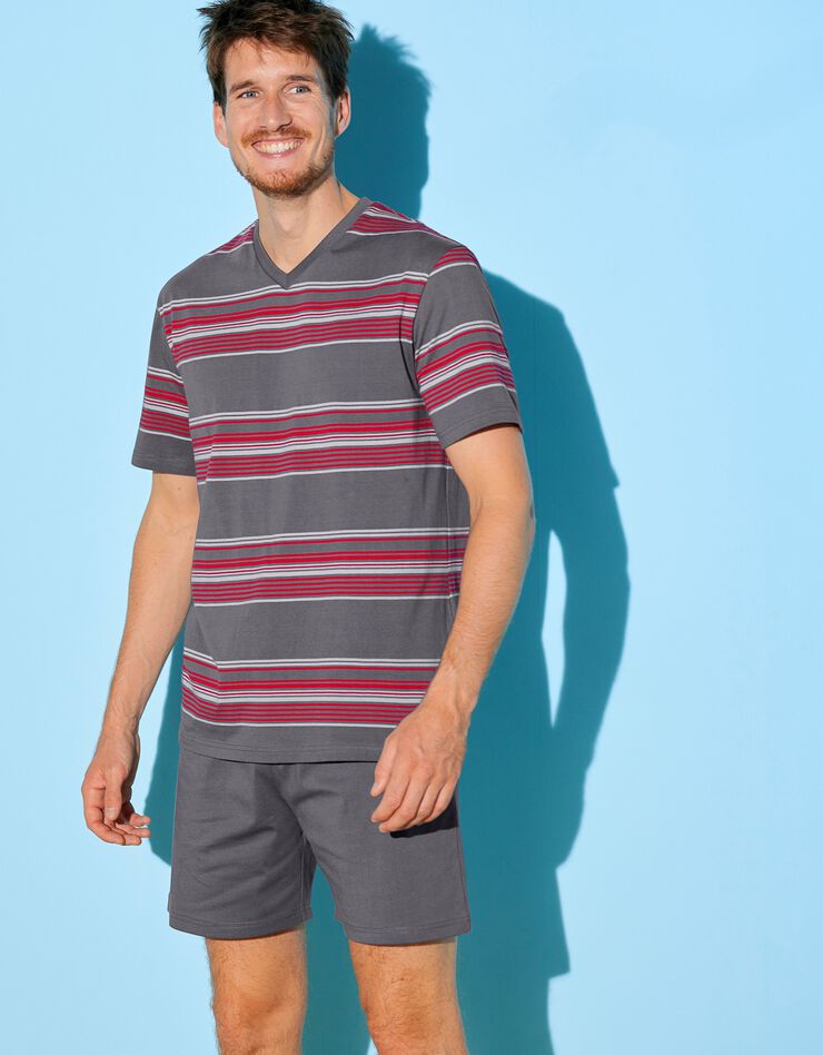 Pyjashort col V coton rayé (gris / rouge) Pyjashort col V coton rayé (gris / rouge)