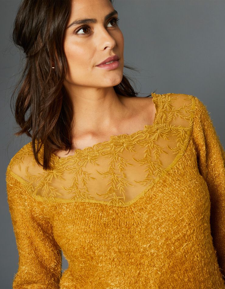 Pull maille douceur dentelle manches 3/4 (safran) Pull maille douceur dentelle manches 3/4 (safran)