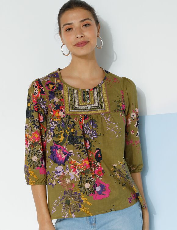 Blouse imprimée fleurs, détails brodés (vert mousse / violine)