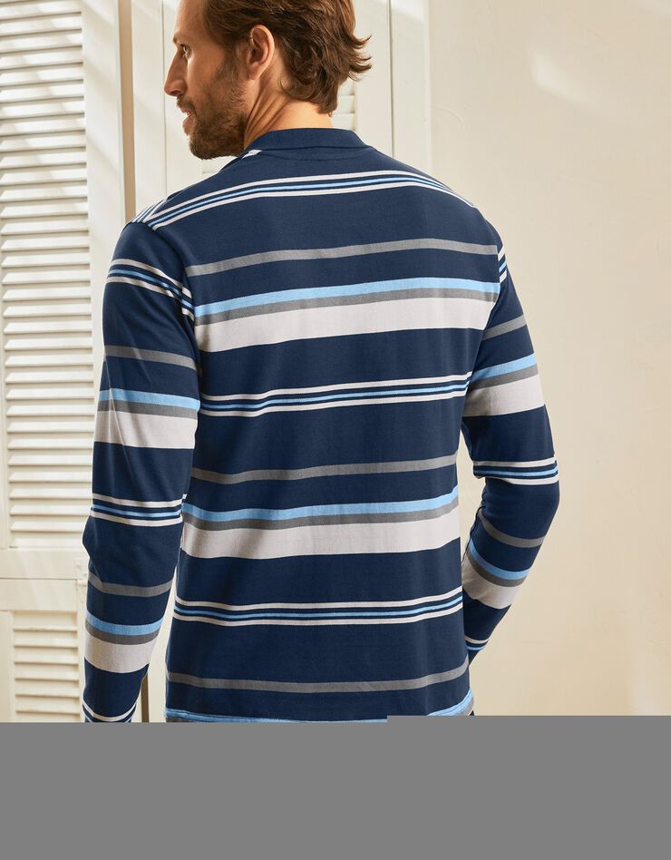Polo maille piquée rayée, manches longues (marine / gris) Polo maille piquée rayée, manches longues (marine / gris)