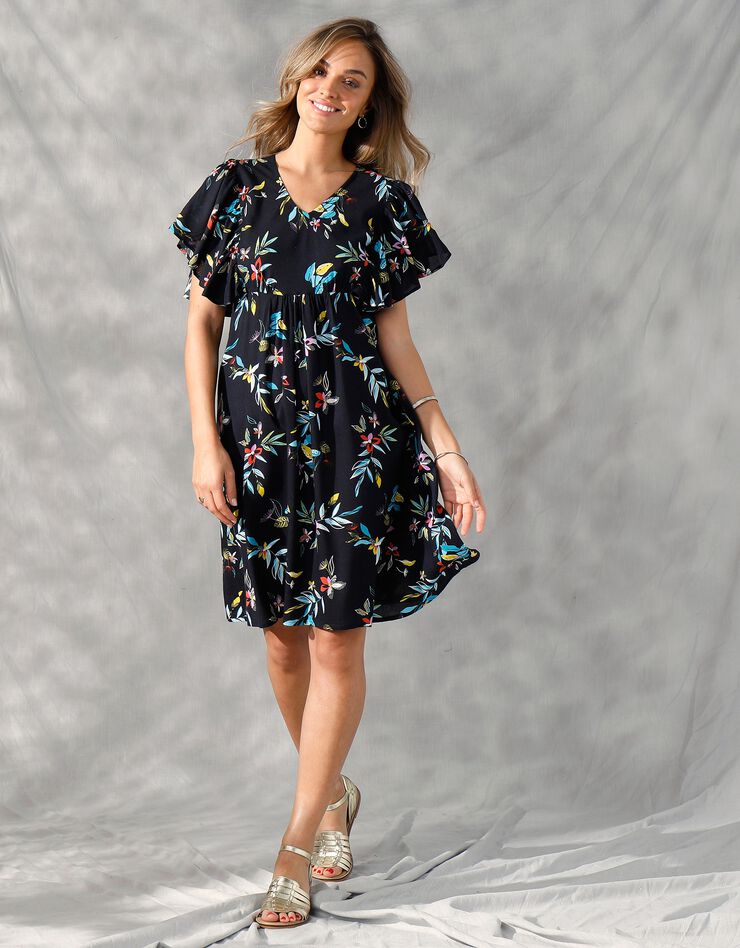 Robe courte manches "papillon", imprimé floral (noir / turquoise)