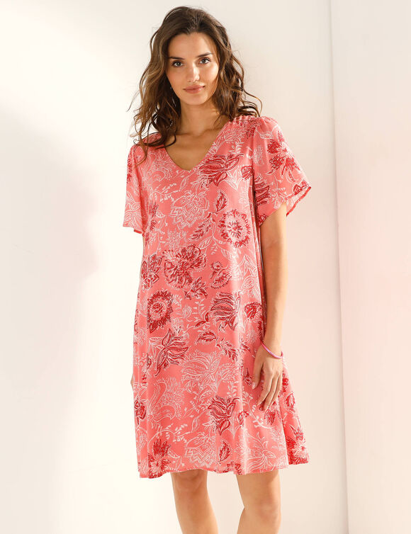 Robe col V manches courtes, voile jacquard imprim&eacute; (corail)