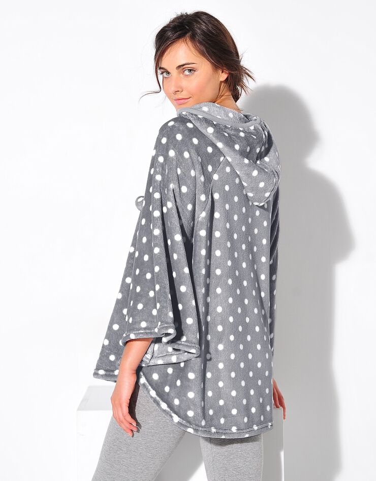 Poncho polaire toucher peluche à capuche  (gris imprimé pois)