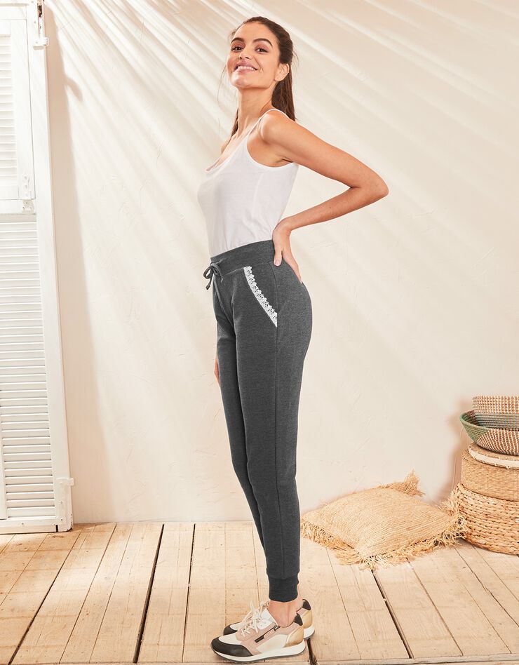 Pantalon uni molleton léger finition bord-côtes (anthracite chiné) Pantalon uni molleton léger finition bord-côtes (anthracite chiné)