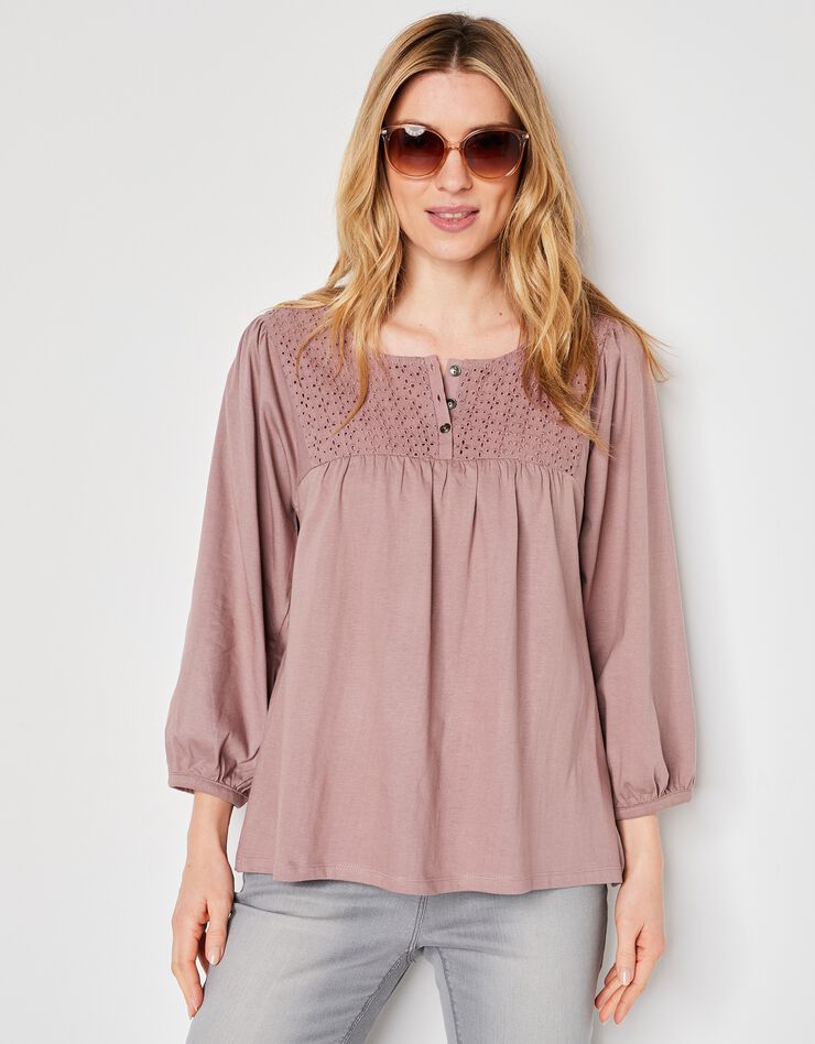Tee-shirt manches 3/4, empiècement broderie anglaise (taupe) Tee-shirt manches 3/4, empiècement broderie anglaise (taupe)