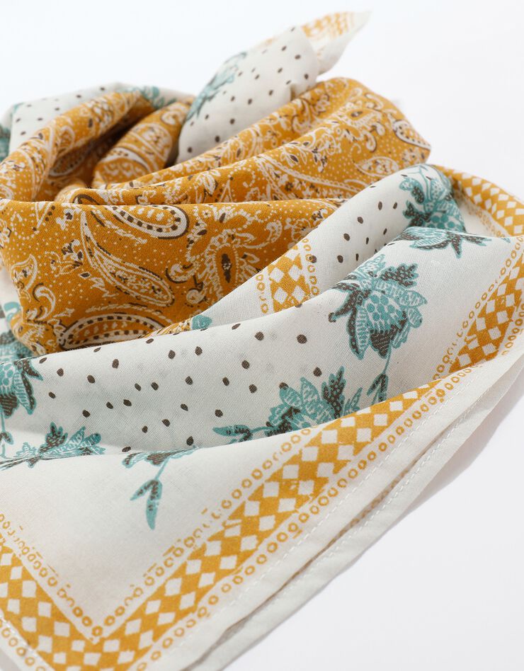 Foulard fabriqué en France imprimé fleuri, 70 x 70 cm - coton (écru / moutarde) Foulard fabriqué en France imprimé fleuri, 70 x 70 cm - coton (écru / moutarde)