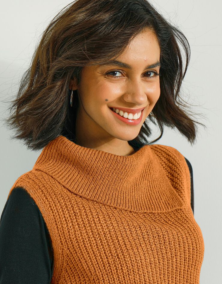 Pull tunique sans manches uni à ceinture amovible - toucher mohair (ocre) Pull tunique sans manches uni à ceinture amovible - toucher mohair (ocre)